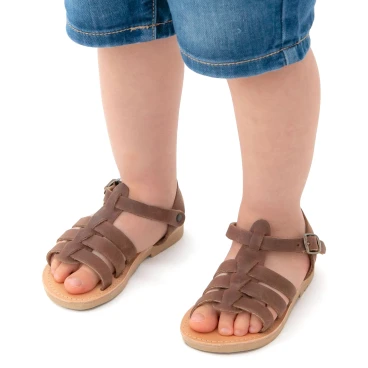 Attica Persephone child gladiator sandals in brown nubuck with buckle closure handmade in Greece