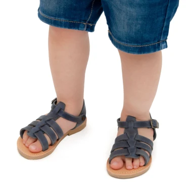 Attica Persephone child gladiator sandals in brown nubuck with buckle closure handmade in Greece