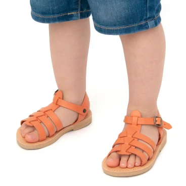 Attica Persephone child gladiator sandals in brown nubuck with buckle closure handmade in Greece