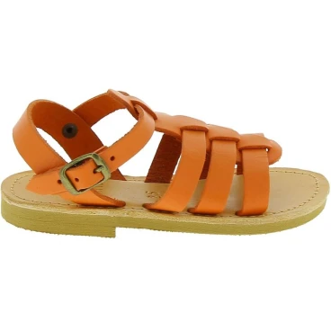 Attica Persephone child gladiator sandals in brown nubuck with buckle closure handmade in Greece