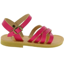 Girl's braided sandals in fuchsia calf leather with buckle closure