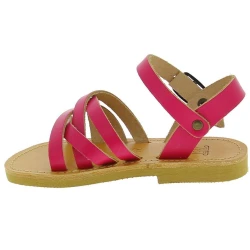 Girl's braided sandals in fuchsia calf leather with buckle closure