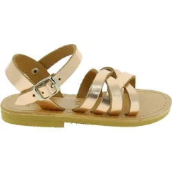 Girl's gladiator braided sandals in gold pink laminated calf leather with buckle closure
