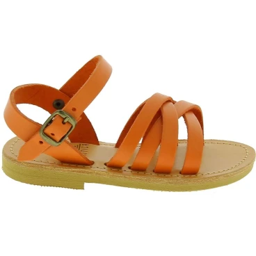 Child's gladiator braided sandals in orange calf leather with buckle closure