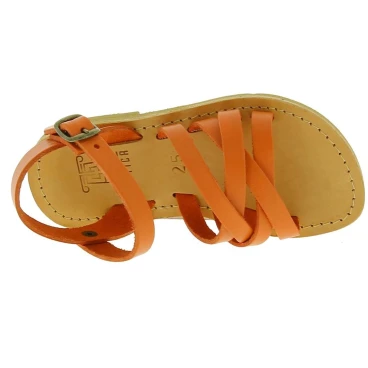 Child's gladiator braided sandals in orange calf leather with buckle closure