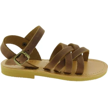 Child's gladiator braided sandals in brown nubuck leather with buckle closure