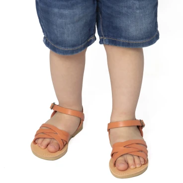 Child's gladiator braided sandals in orange calf leather with buckle closure