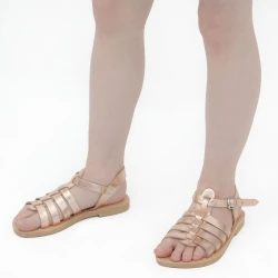 Attica Persephone Sandali gladiatore da bambina in pelle di vitello laminata oro rosa chiusura con fibbia