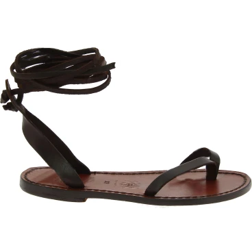 Handmade flat strappy sandals in dark brown calf leather