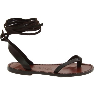 Sandalias de tiras planas de cuero marrón oscuro hecho a mano