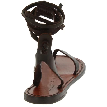 Handmade flat strappy sandals in dark brown calf leather
