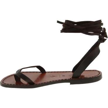 Handmade flat strappy sandals in dark brown calf leather
