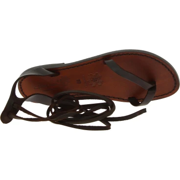 Handmade flat strappy sandals in dark brown calf leather