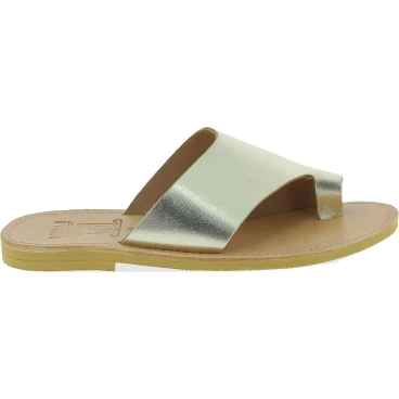 Sandali infradito slip-on da donna fatti a mano in pelle di vitello laminata oro