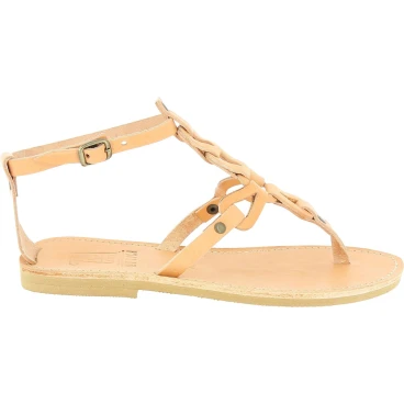 Handgefertigte sandalen für Damen mit gekreuzten Schnürsenkeln aus nacktem Kalbs leder