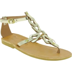 Sandali infradito da donna con lacci incrociati fatti a mano in pelle di vitello laminata oro