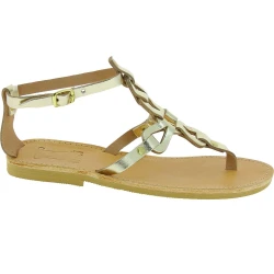 Sandales tongs pour femmes faites à la main à lacets croisés en cuir de veau laminé or