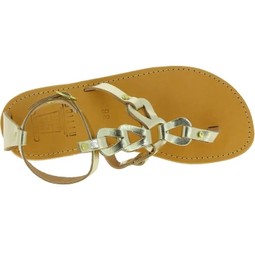 Sandalias de mujer hechas a mano con cordones cruzados en piel de becerro laminada dorada
