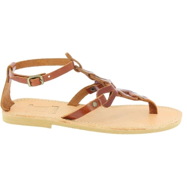 Handgefertigte sandalen für Damen mit gekreuzten Schnürsenkeln aus braunem Kalbs leder