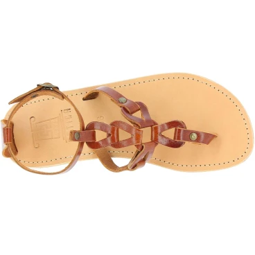 Handgefertigte sandalen für Damen mit gekreuzten Schnürsenkeln aus braunem Kalbs leder