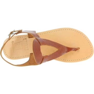 Tropfenförmige sandalen für Damen handgefertigt aus braunem Kalbs leder