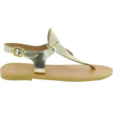 Sandali infradito a goccia da donna fatti a mano in pelle di vitello laminata oro