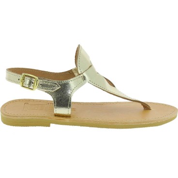 Sandalias para mujer en forma de gota hechas a mano en piel de becerro laminada dorada