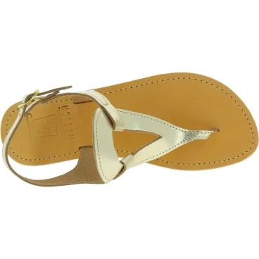 Sandali infradito a goccia da donna fatti a mano in pelle di vitello laminata oro
