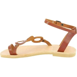 Handgefertigte Damen sandalen mit Kreisen aus braunem Kalbsleder