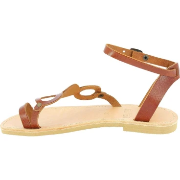 Women's thong sandals with circles handmade in brown color calfskin