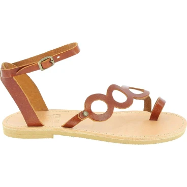 Women's thong sandals with circles handmade in brown color calfskin