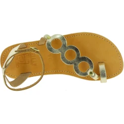 Women's thong sandals with circles handmade in gold laminated calfskin