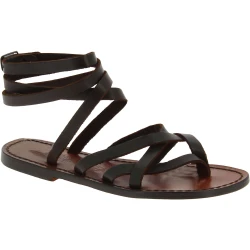 Women's dark brown leather strappy sandals handmade in Italy