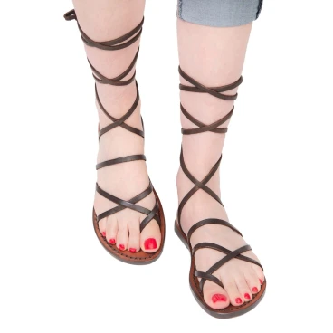 Women's dark brown strappy leather sandals handmade in Italy