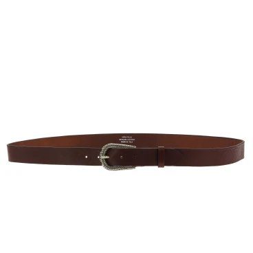 Cintura in pelle marrone scuro con fibbia squamata in metallo