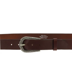 Cintura in pelle marrone scuro con fibbia squamata in metallo