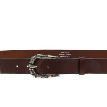 Cintura in pelle marrone scuro con fibbia squamata in metallo
