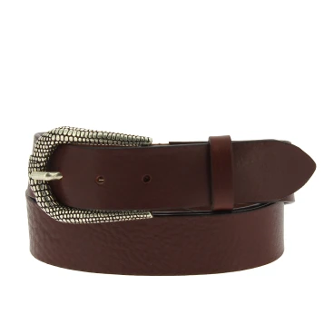 Cintura in pelle marrone scuro con fibbia squamata in metallo
