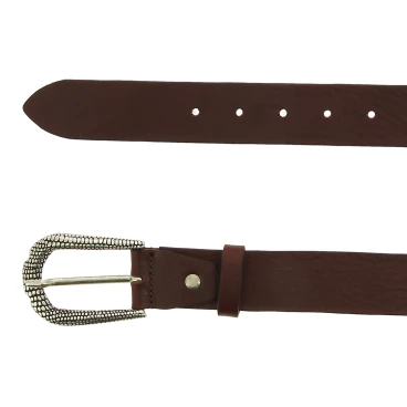 Ceinture en cuir marron foncé avec boucle en métal écaillé