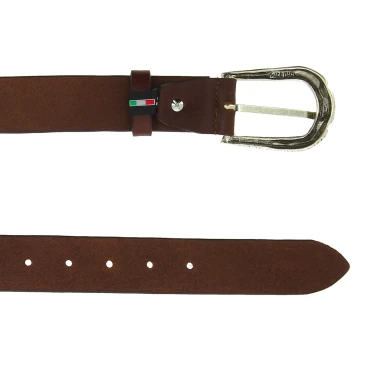 Cintura in pelle marrone scuro con fibbia squamata in metallo