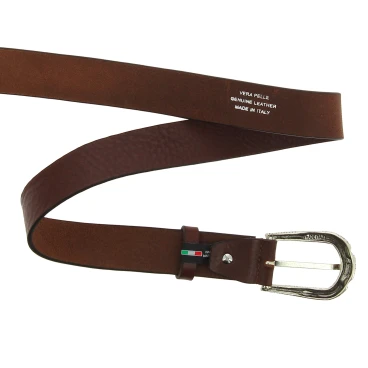 Cintura in pelle marrone scuro con fibbia squamata in metallo