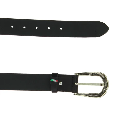 Black leather belt with metal scaled buckle