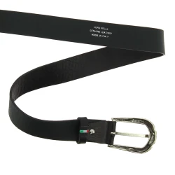 Black leather belt with metal scaled buckle