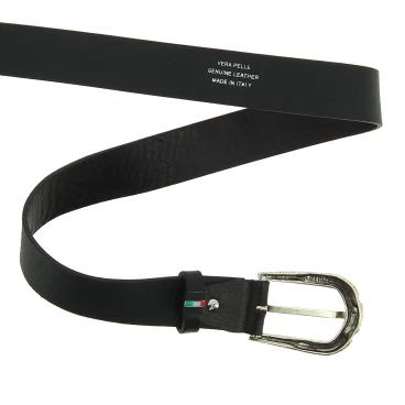 Black leather belt with metal scaled buckle