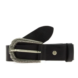 Ceinture en cuir noir avec boucle en métal écaillé