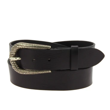 Black leather belt with metal scaled buckle