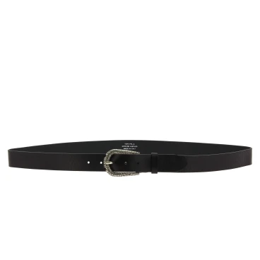 Black leather belt with metal scaled buckle