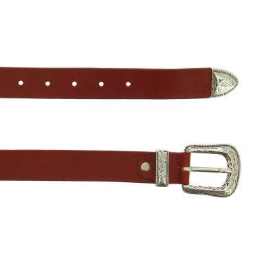 Ceinture en cuir marron avec boucle et pointe en métal gravé