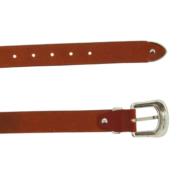 Ceinture en cuir marron avec boucle et pointe en métal gravé