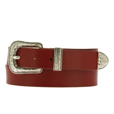 Ceinture en cuir marron avec boucle et pointe en métal gravé